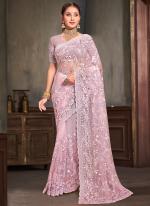 Net Pink Wedding Wear Sequins Work Saree